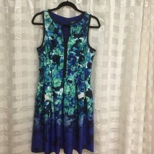 Vince Camuto Blue Green Black Floral Print Sleeveless Fit & Flare Dress, Size 10